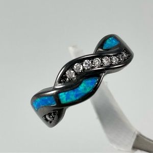 Blue Faux Fire Opal White Diamond CZ Black Gold Plated Emo Punk Ring Band